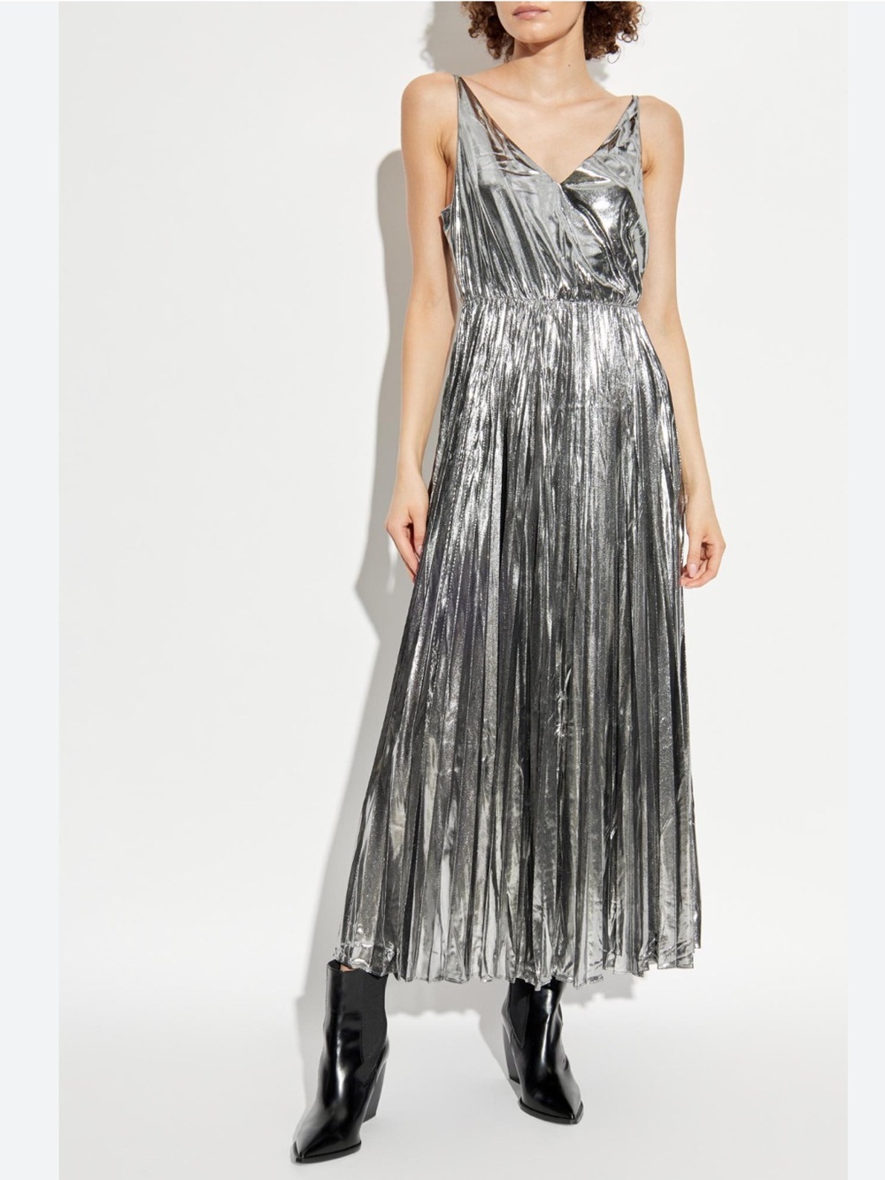 AllSaints Spark Silver Metallic Pleated Maxi Dress XS Sleeveless